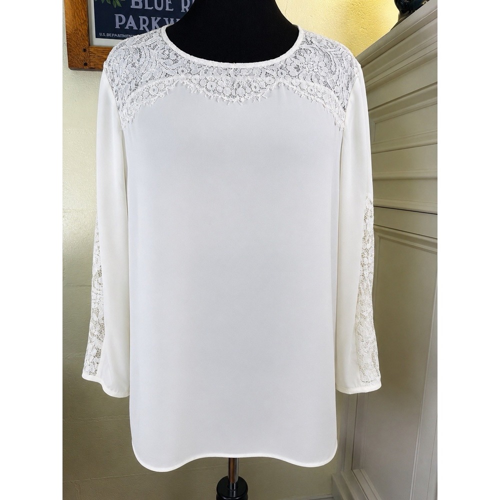 Talbots 3X Petite White Lace Yoke Blouse Long Sleeve Sheer Sleeve Top